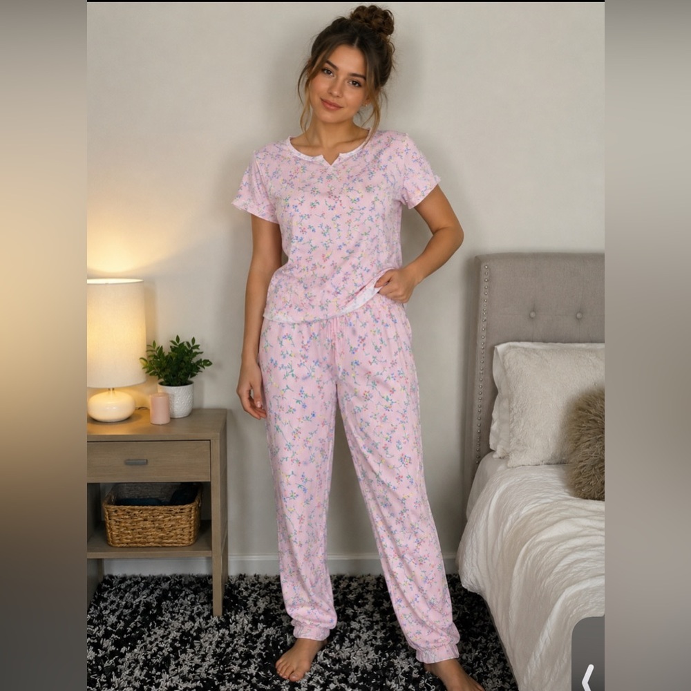 Shabby Chic Pink Floral Short-Sleeve Pajama Set